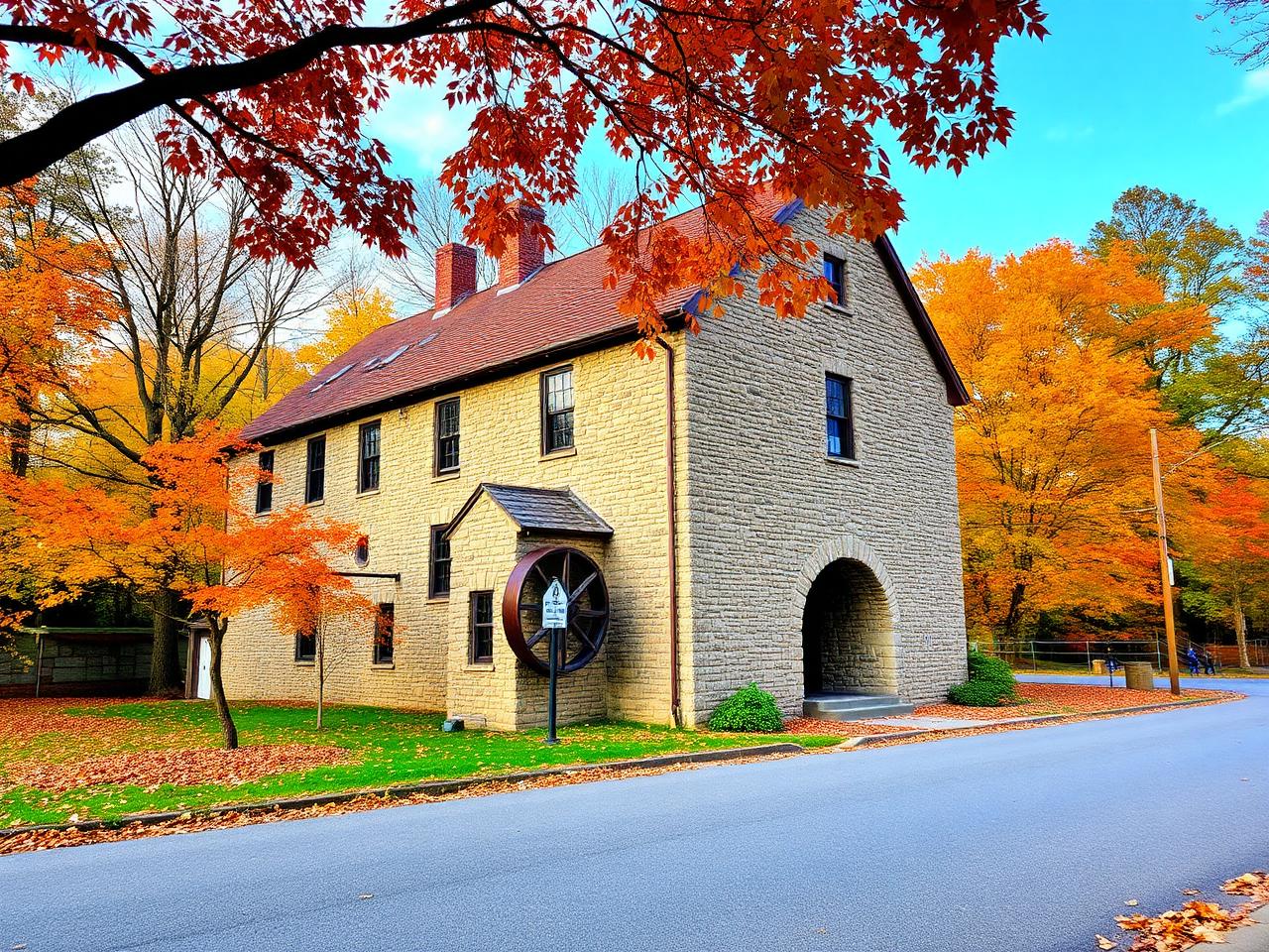 Historic building with a water wheel surrounded by autumn trees