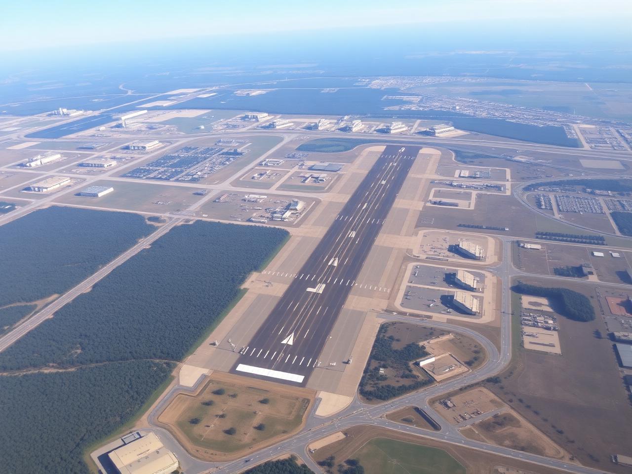 Aerial view of an airport with runways and surrounding area.
