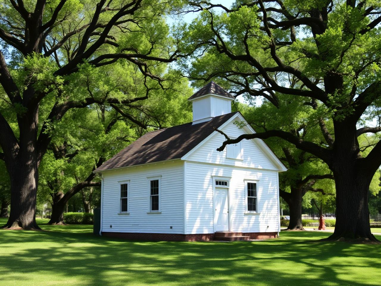 Small white church with a cupola surrounded by large trees on a sunny day