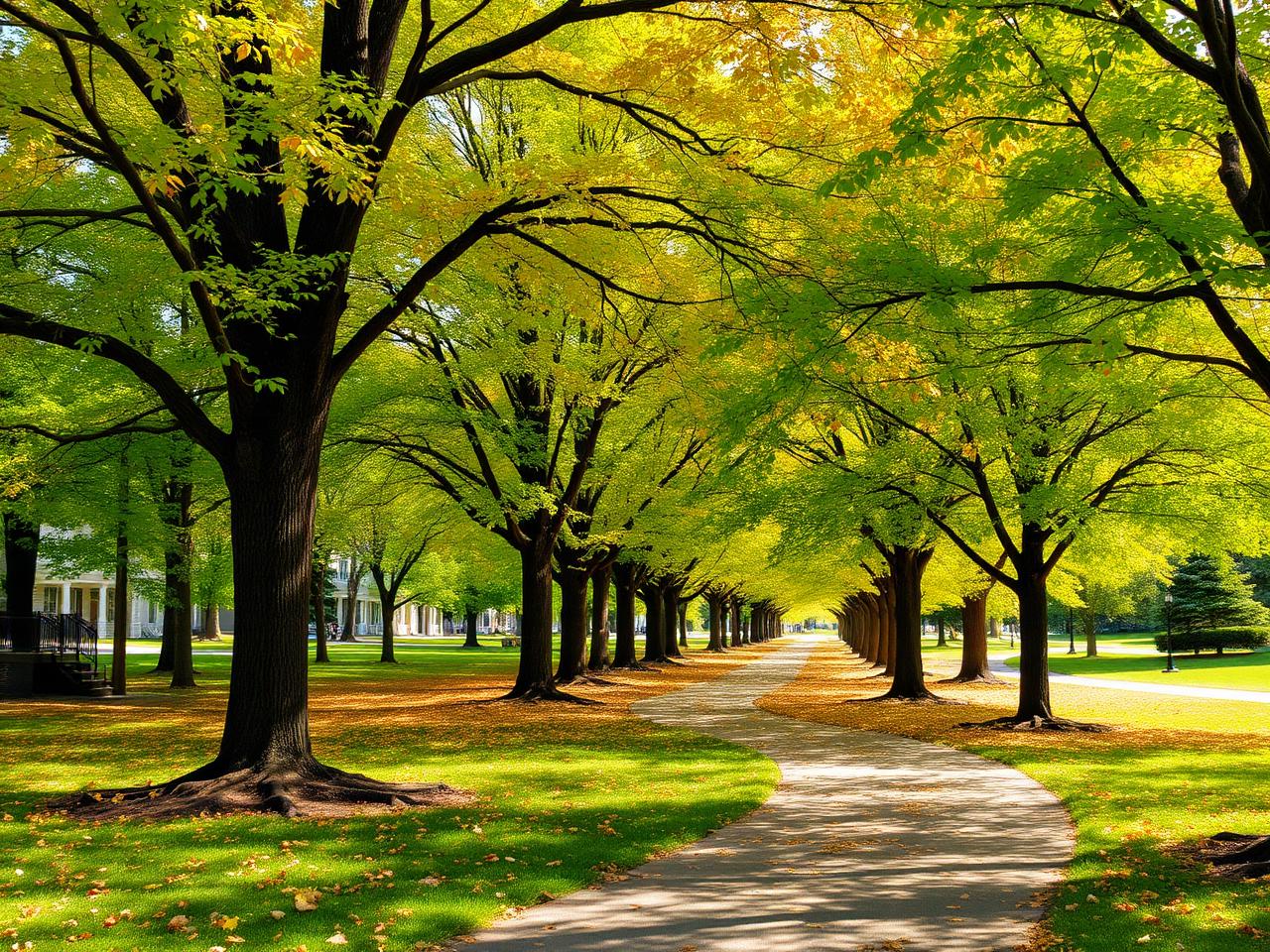 Pathway lined with trees in a park during autumn