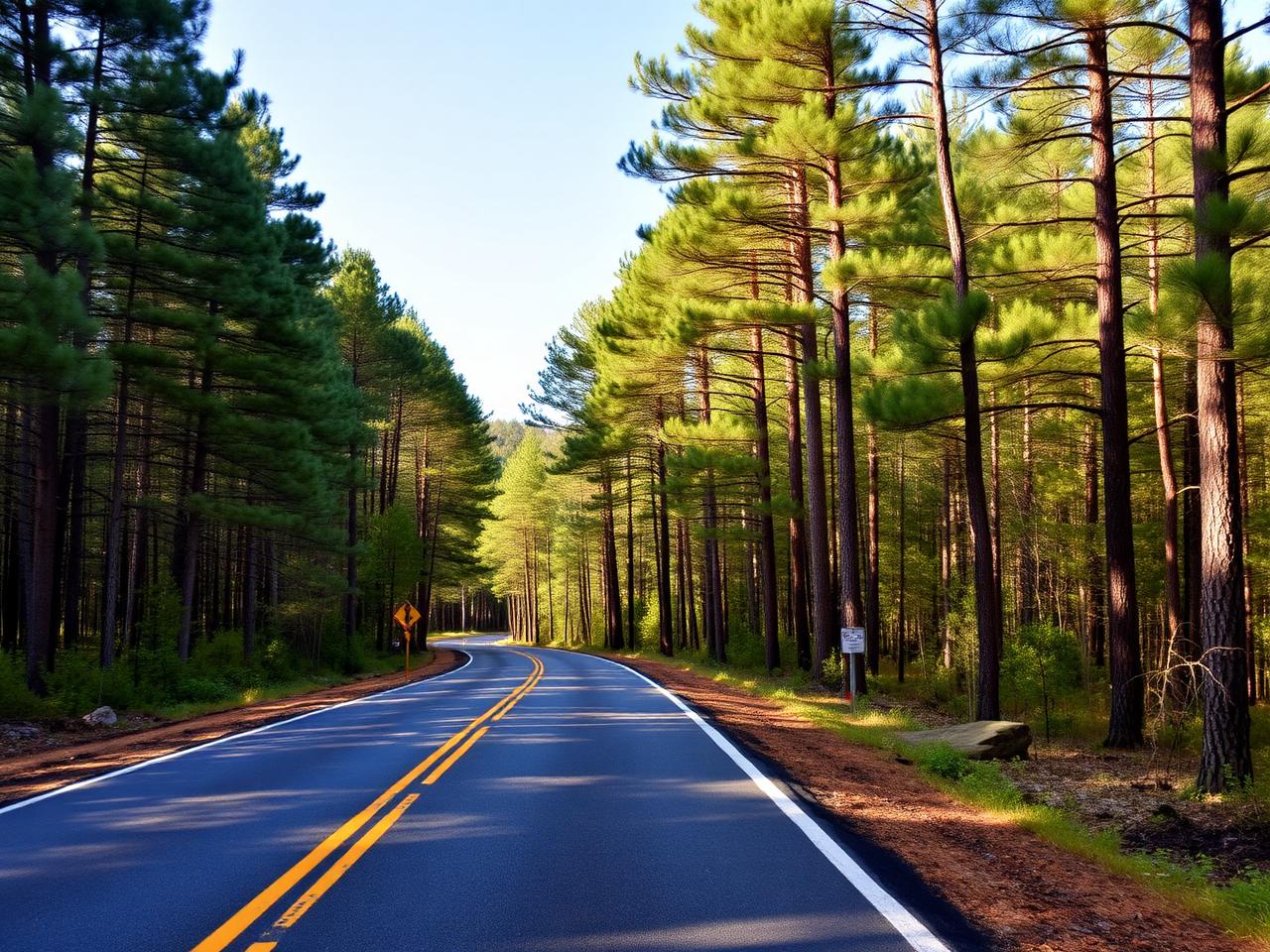 Two-lane road through a forest with tall trees on both sides.