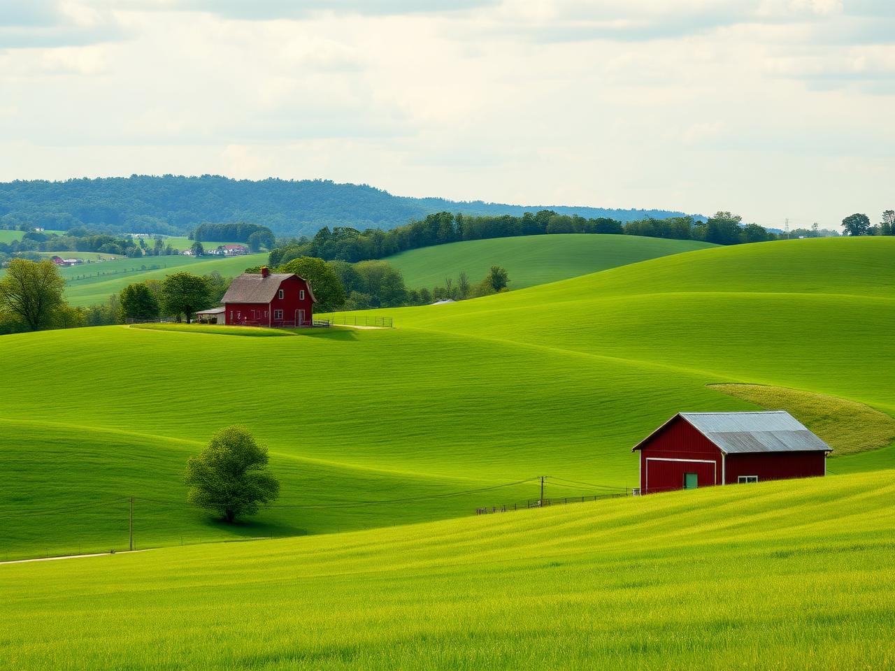Red barns on green rolling hills with a clear sky