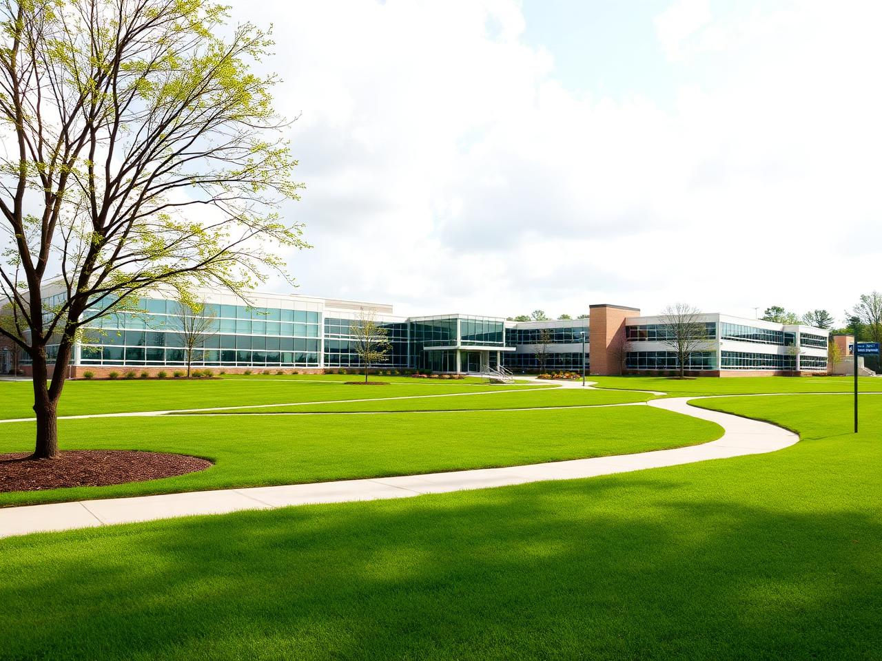 Modern office building with green lawn and trees on a clear day