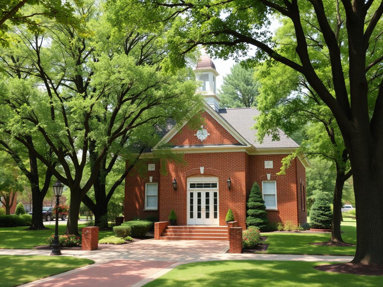 Red brick building with a clock tower surrounded by green trees and grass