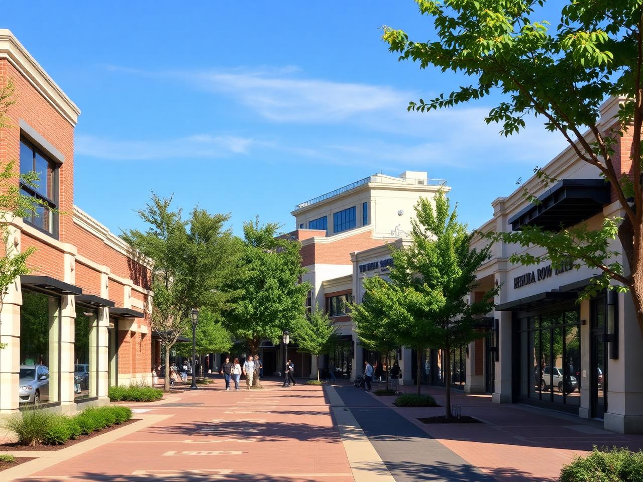 Commercial street with shops and people walking on a sunny day