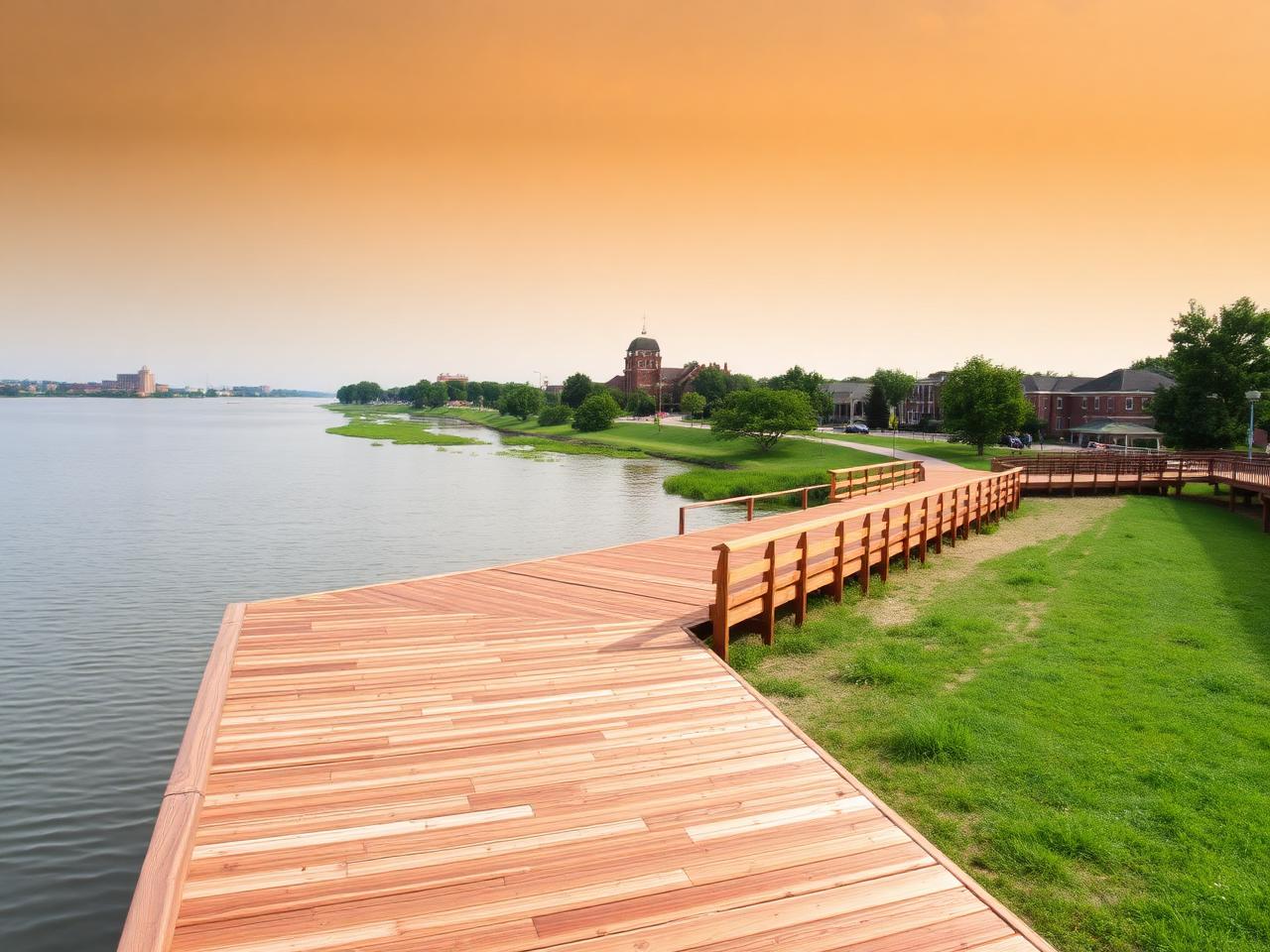 Wooden dock extending over a body of water with a cityscape in the background during sunset.