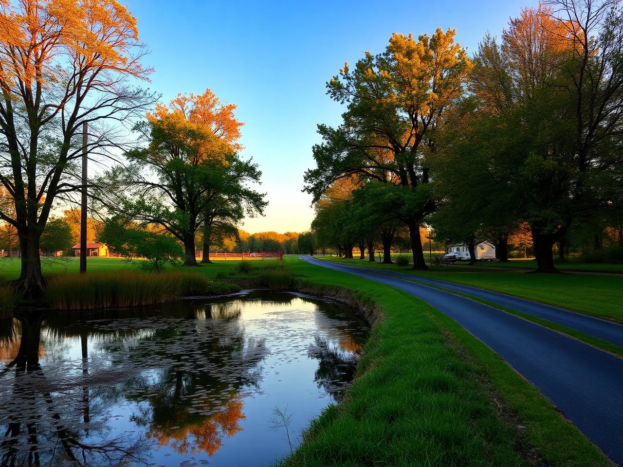 Scenic view of a road alongside a pond with trees in autumn colors.