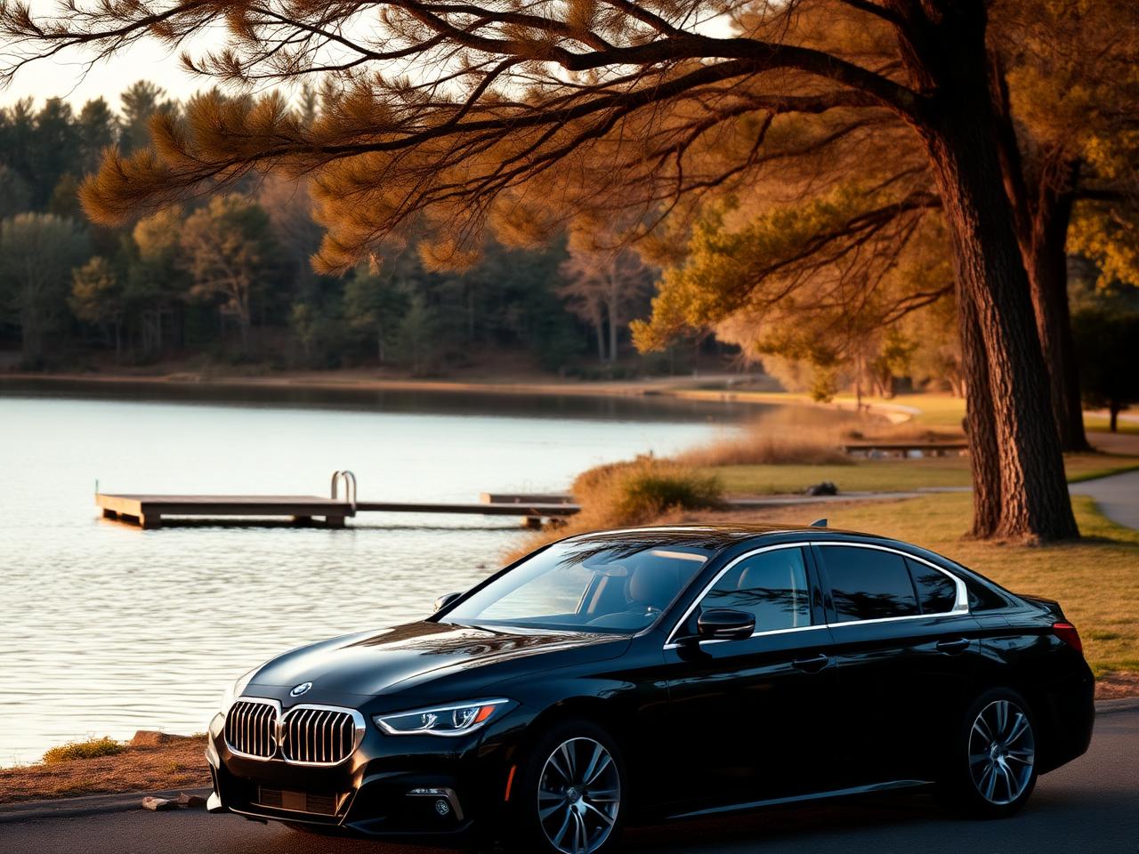 Black BMW car parked by a lake with trees in the background
