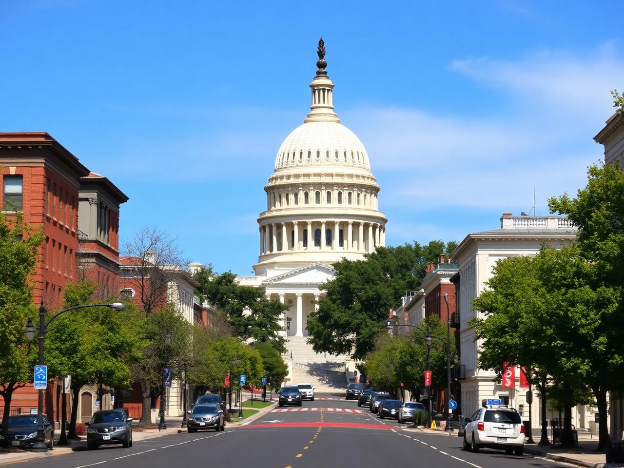 U.S. Capitol building in Washington, D.C. with trees and cars on a street.