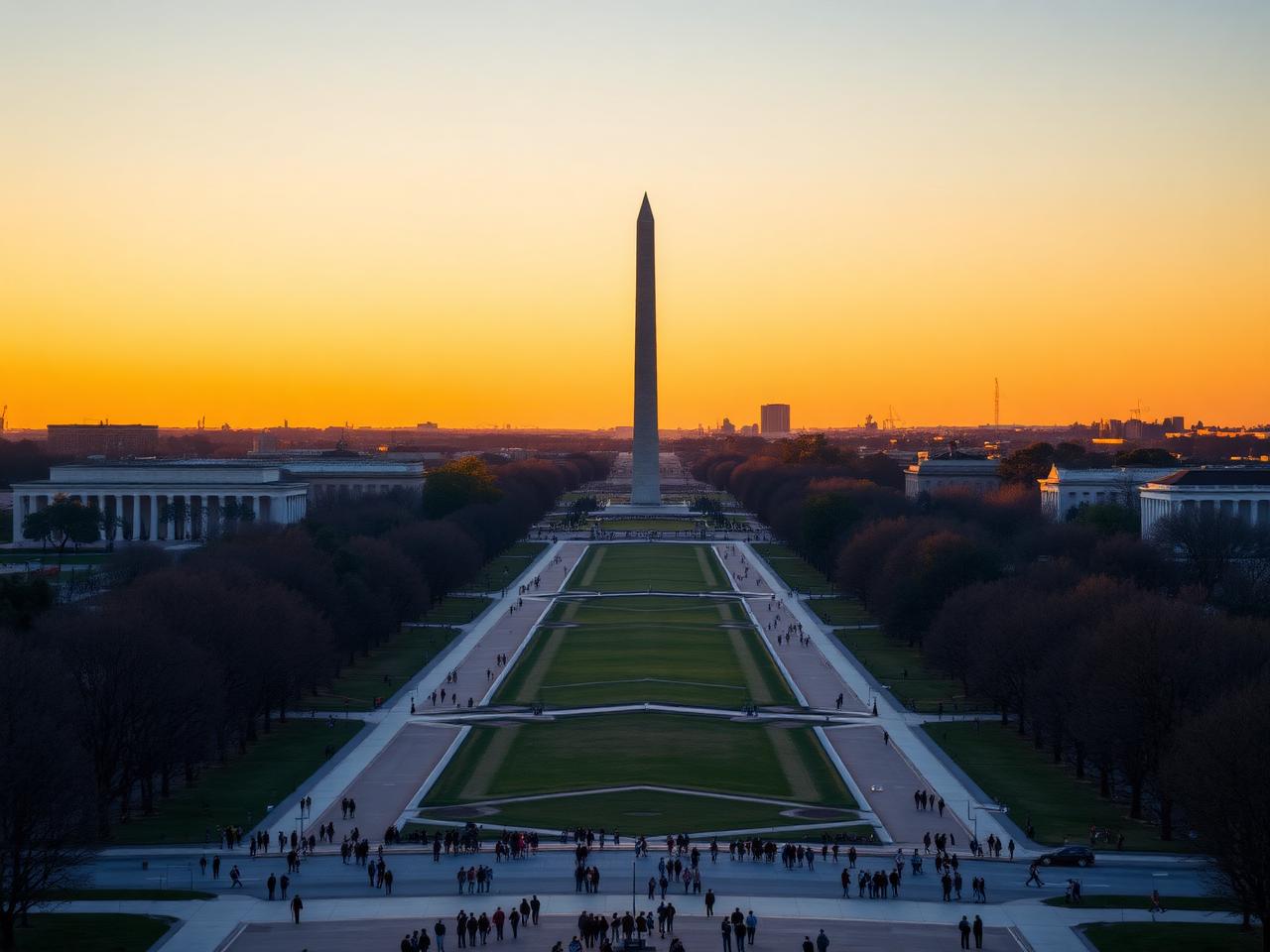 Washington Monument at sunset with a long path leading up to it.