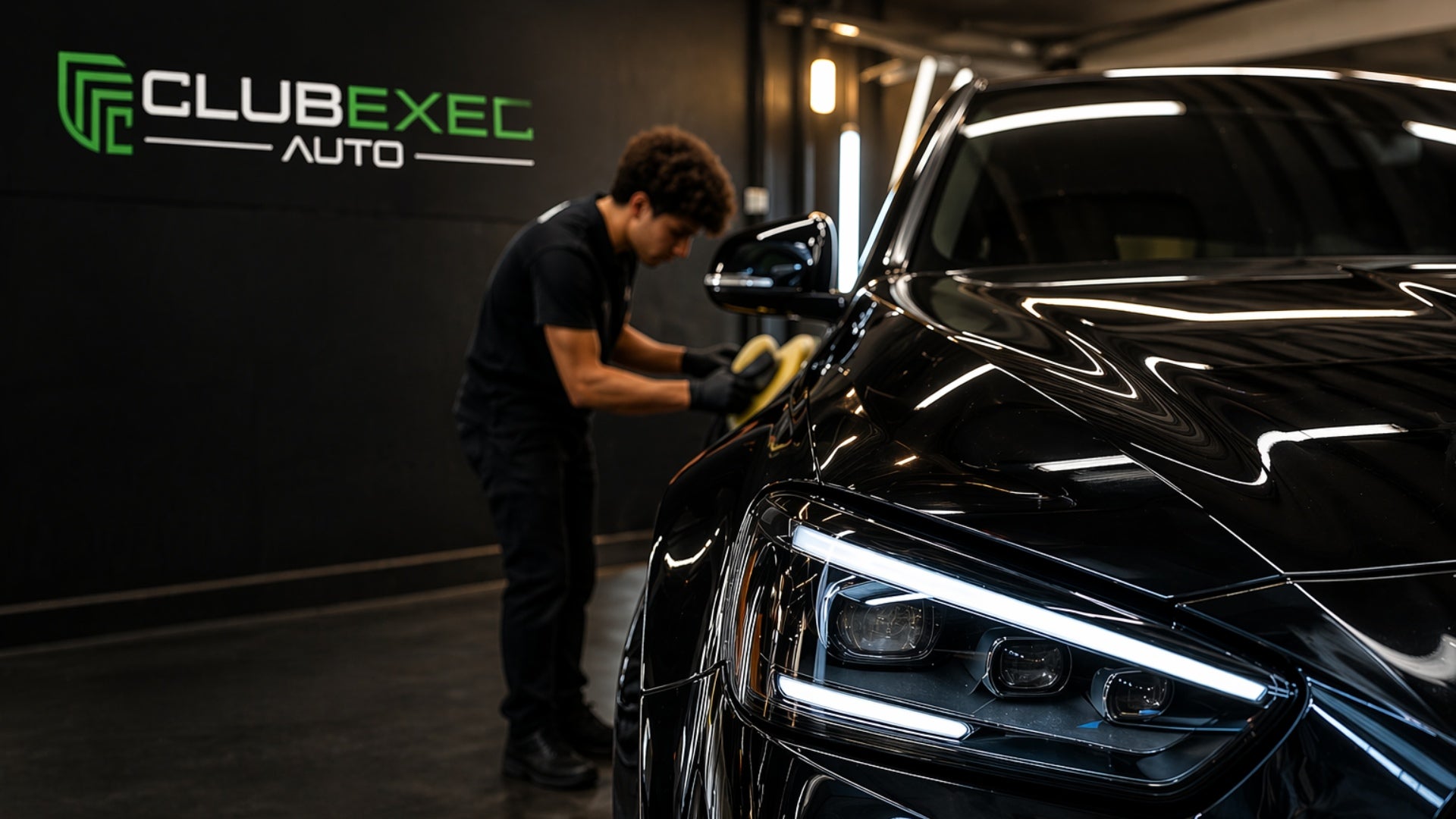 Person cleaning a black car in a garage with 'ClubExec Auto' branding.