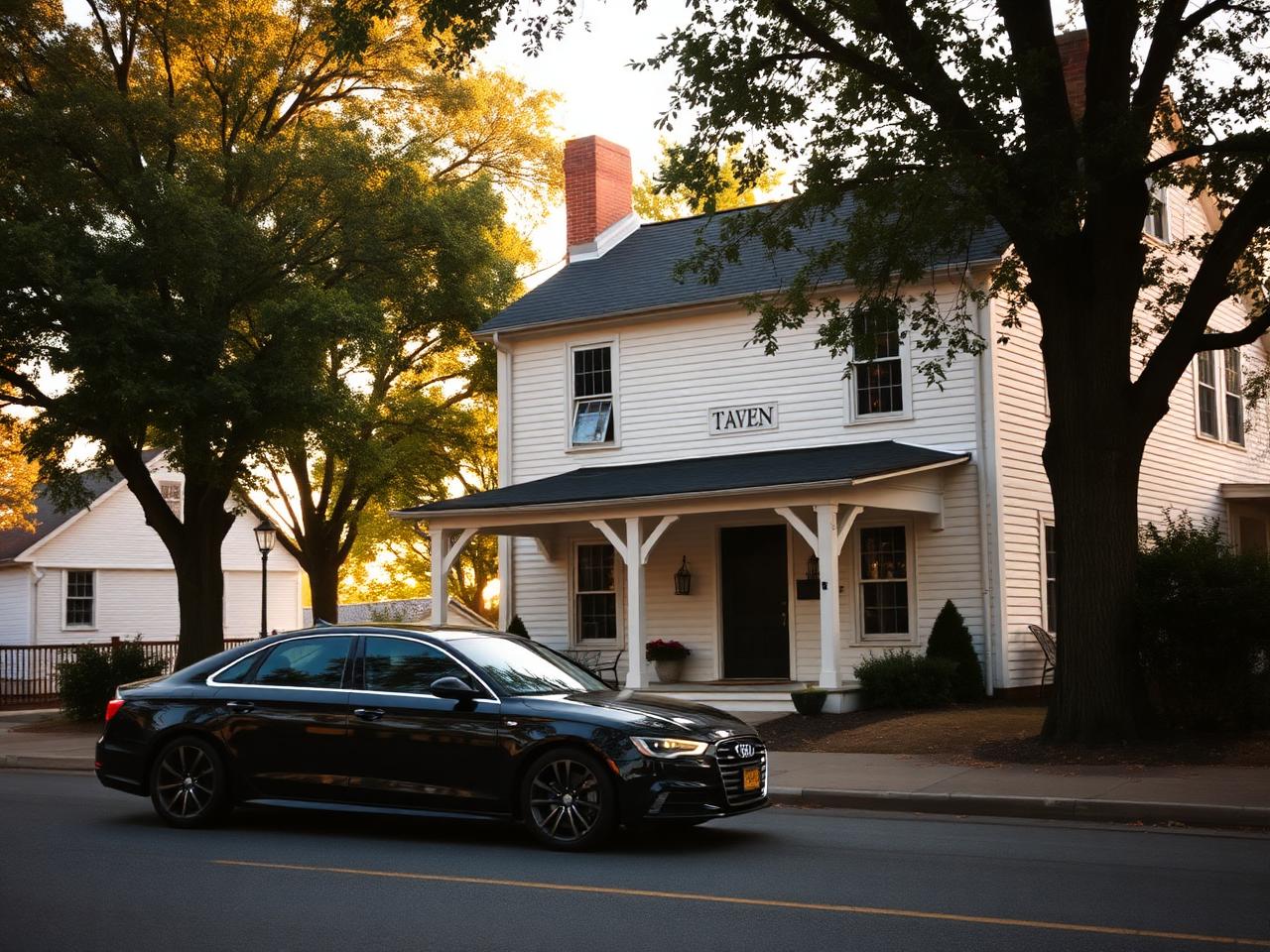 Black car parked in front of a white building with 'Tavern' sign, surrounded by trees.
