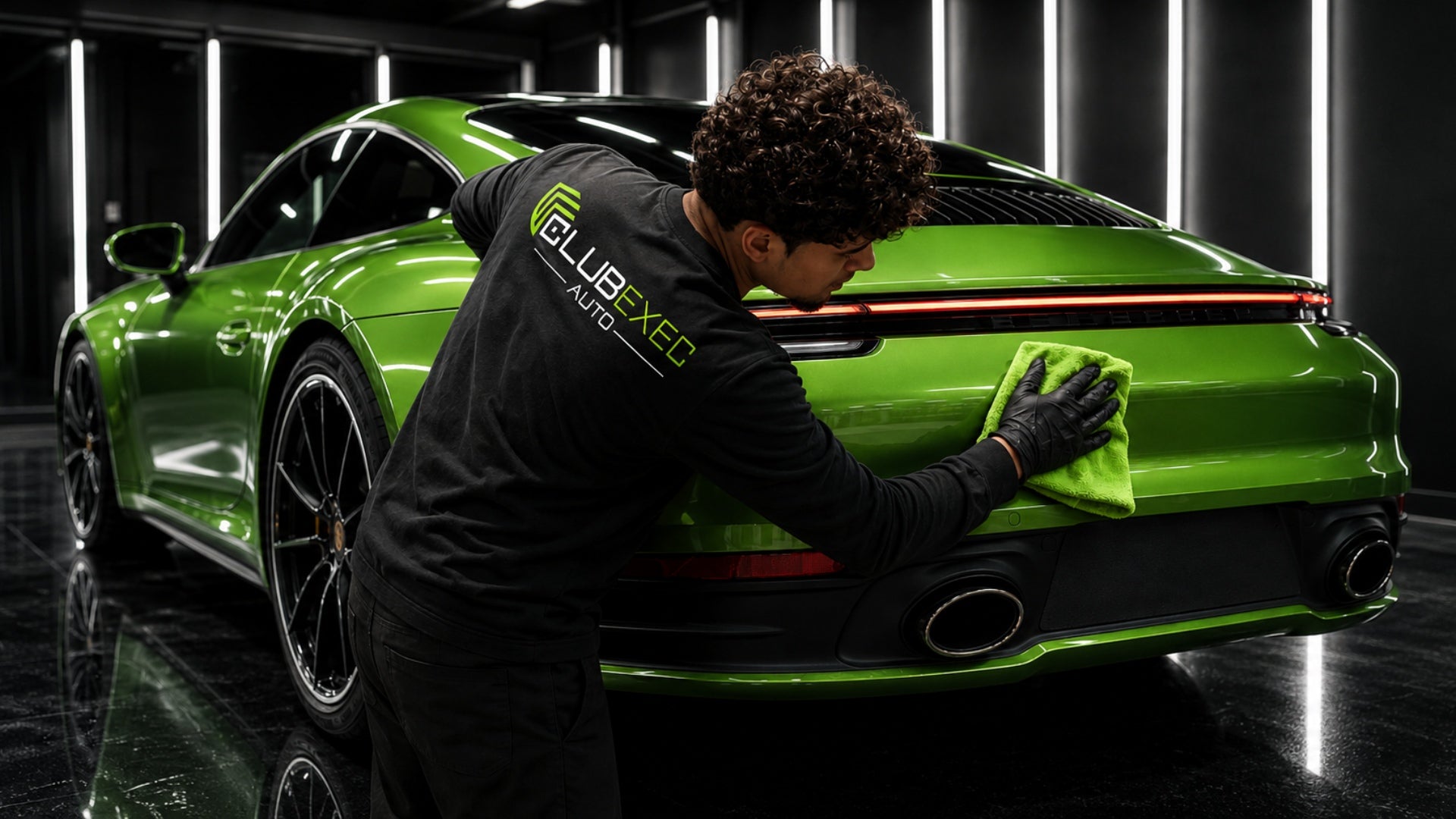 A man meticulously cleans a green Porsche car, showcasing its sleek design and shiny exterior.