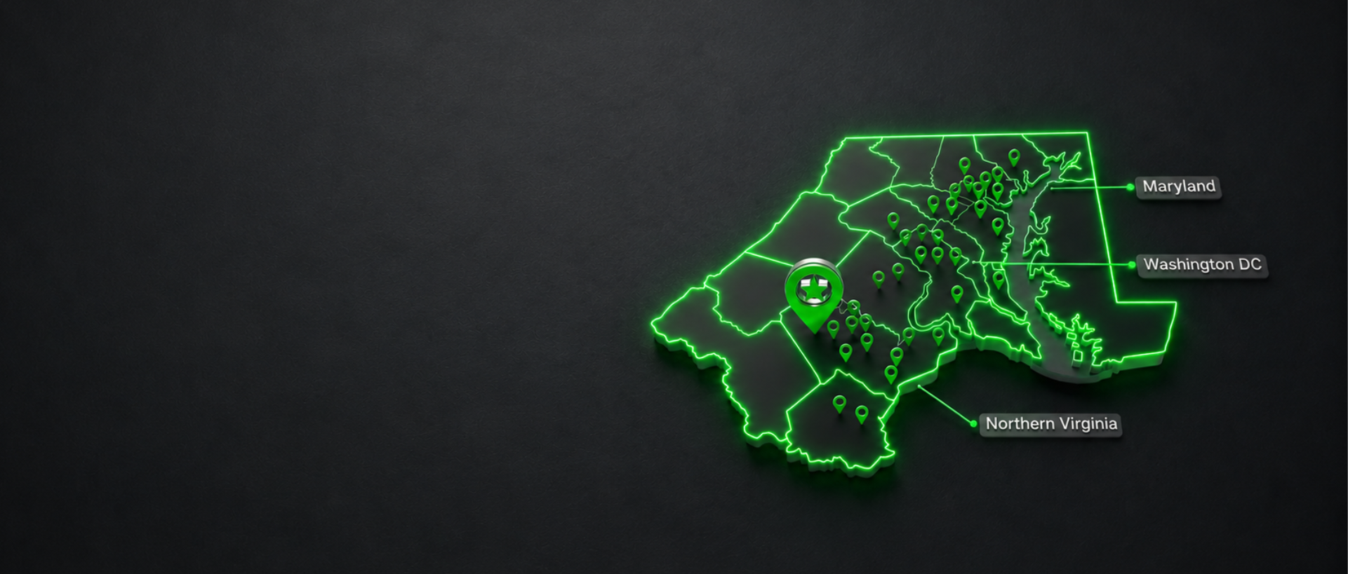 Neon green outline map of the Washington D.C. area on a black background