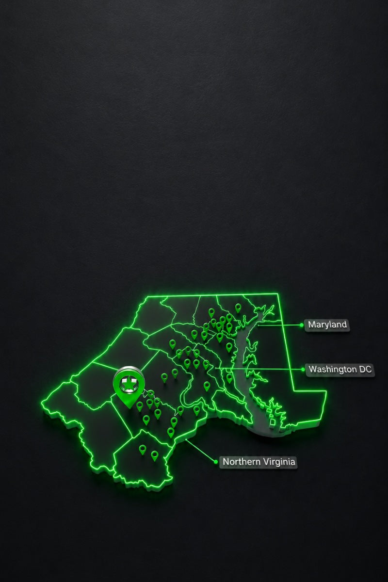 Neon green map of Maryland, Washington DC, and Northern Virginia on a black background