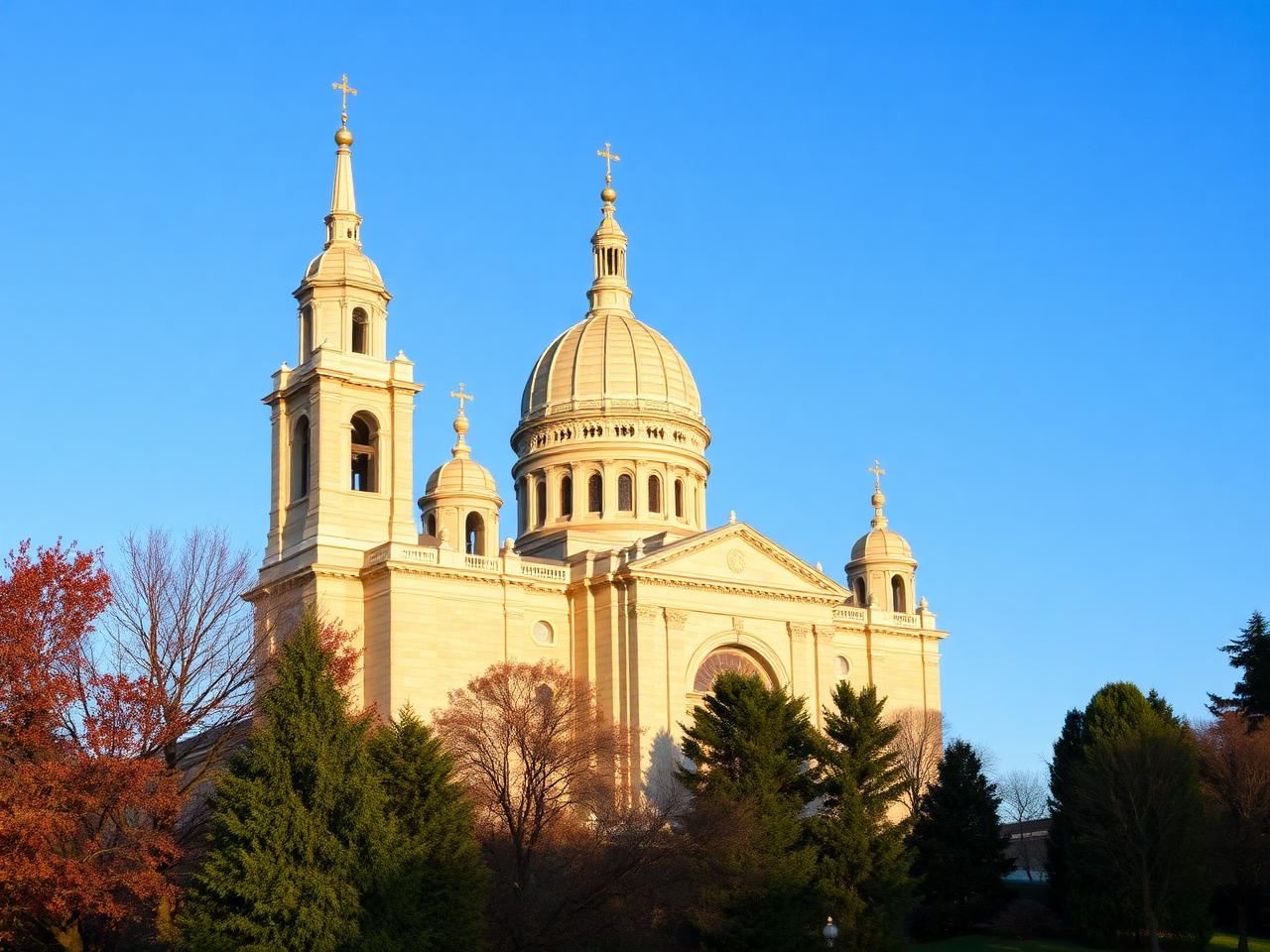 Large cathedral with a tall tower and dome against a clear blue sky, surrounded by trees.