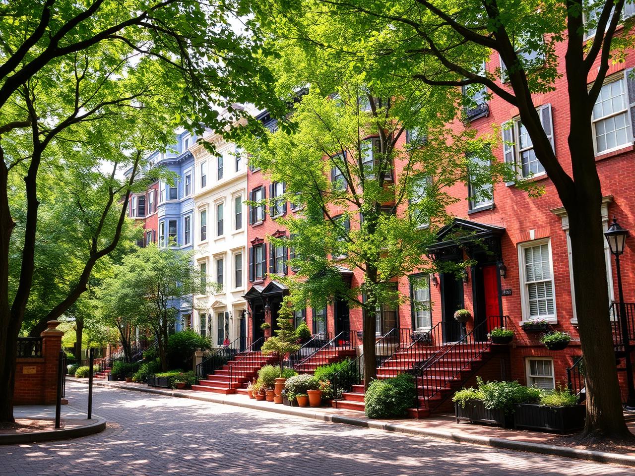 Street view of a residential area with colorful houses and trees