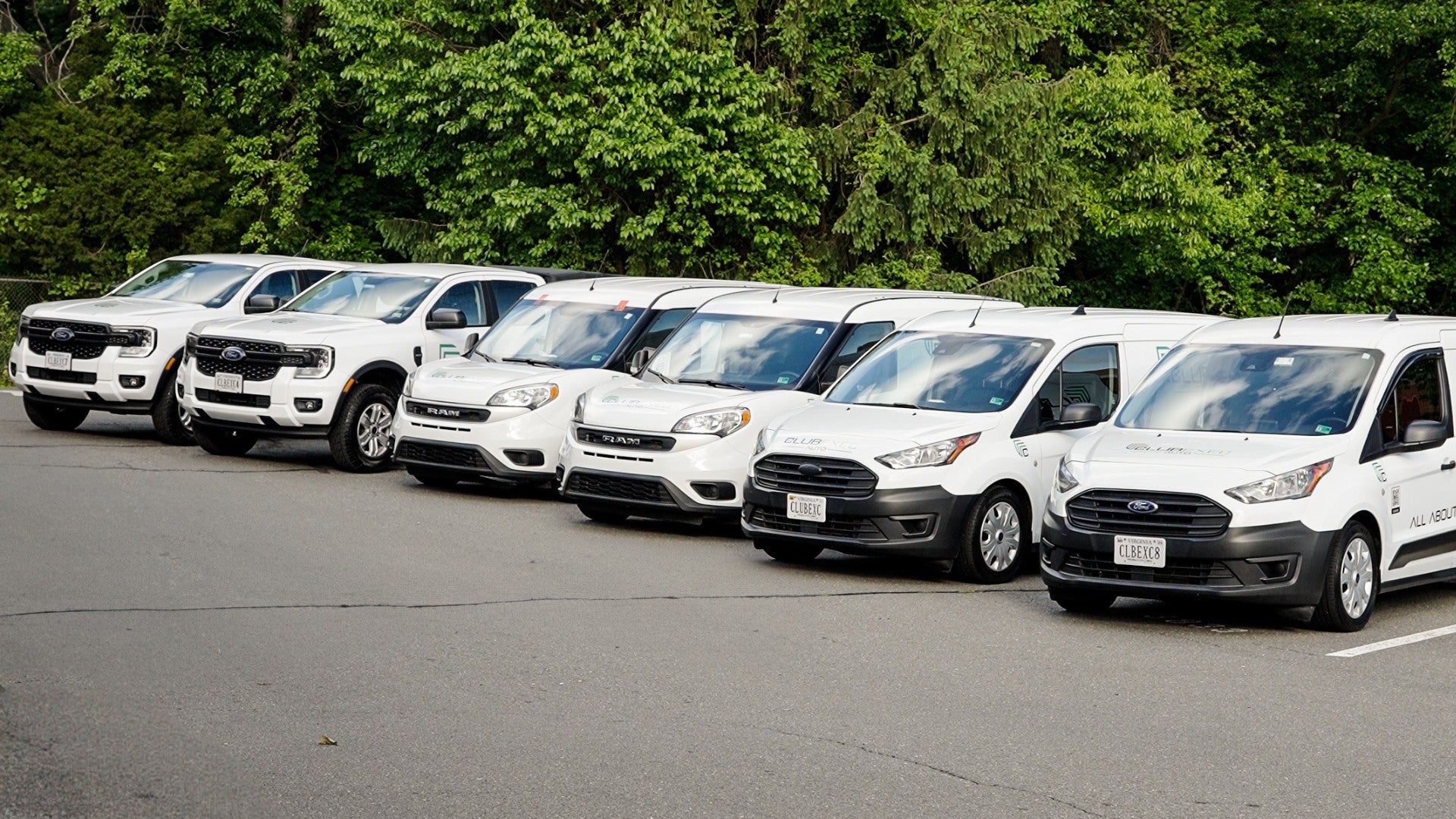 Row of white vans parked on a paved surface with greenery in the background