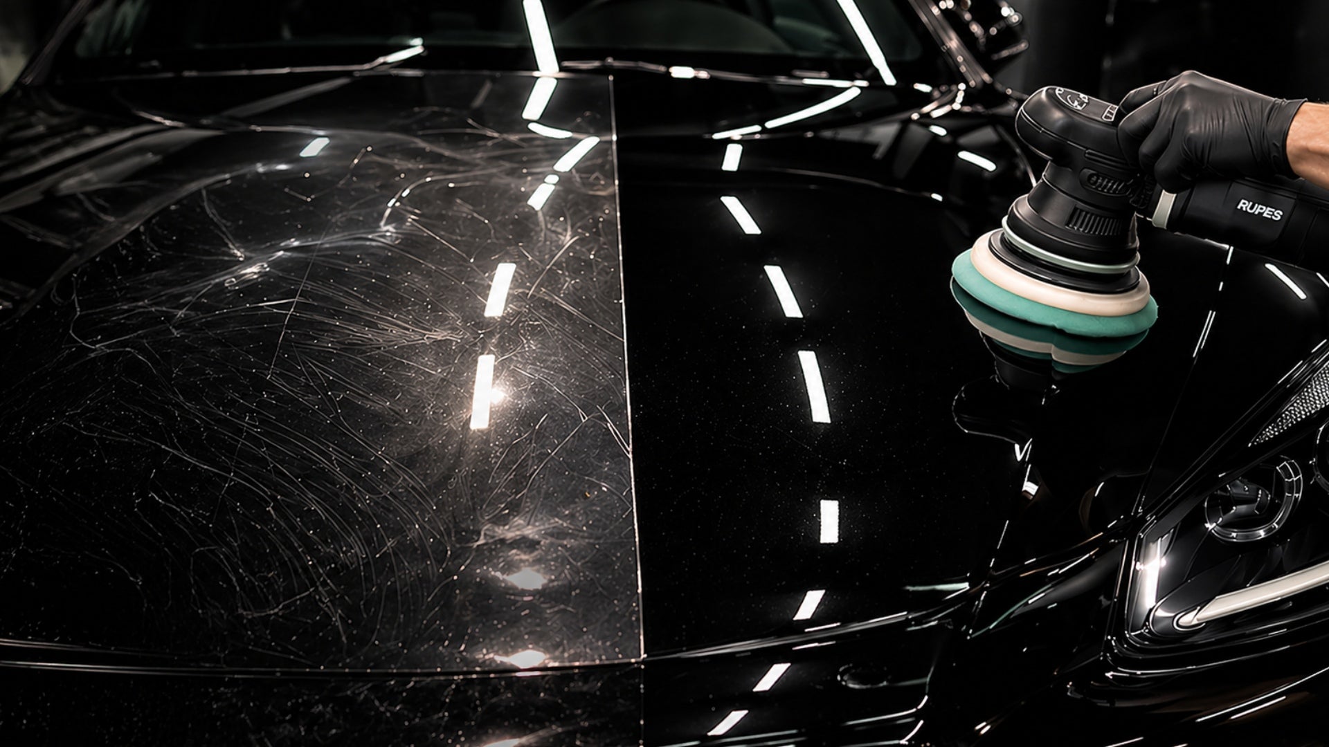 Person using a polisher on a car's hood with visible scratches.