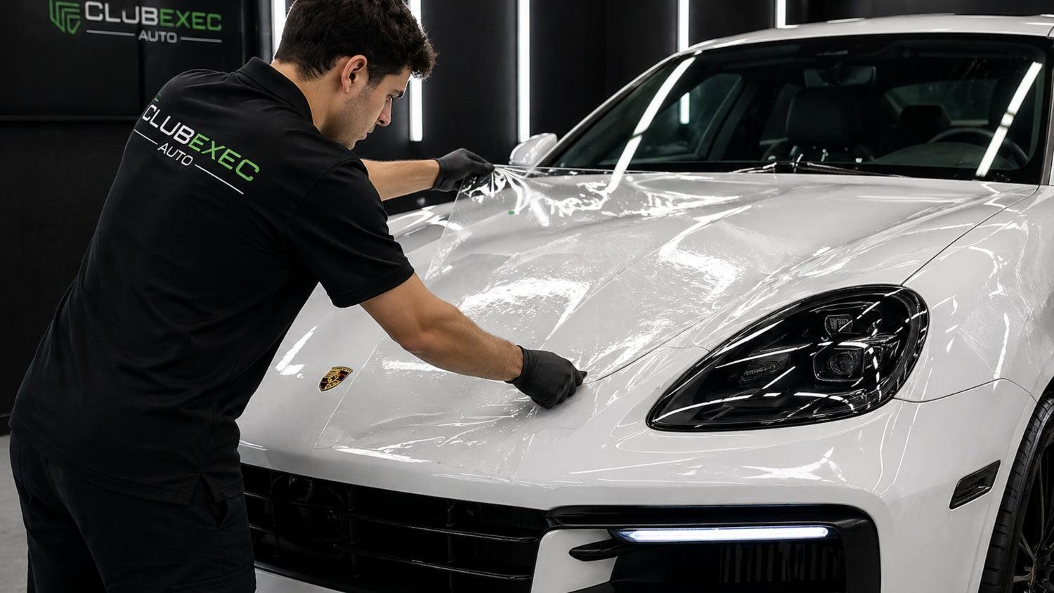 Person applying car wrap to a white Porsche vehicle with ClubExec Auto branding.