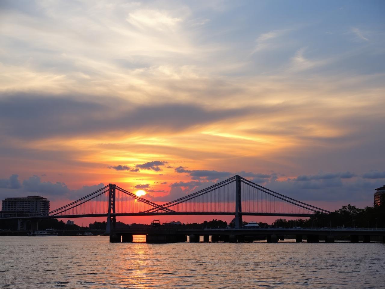 Sunset over a bridge with colorful clouds and water reflection