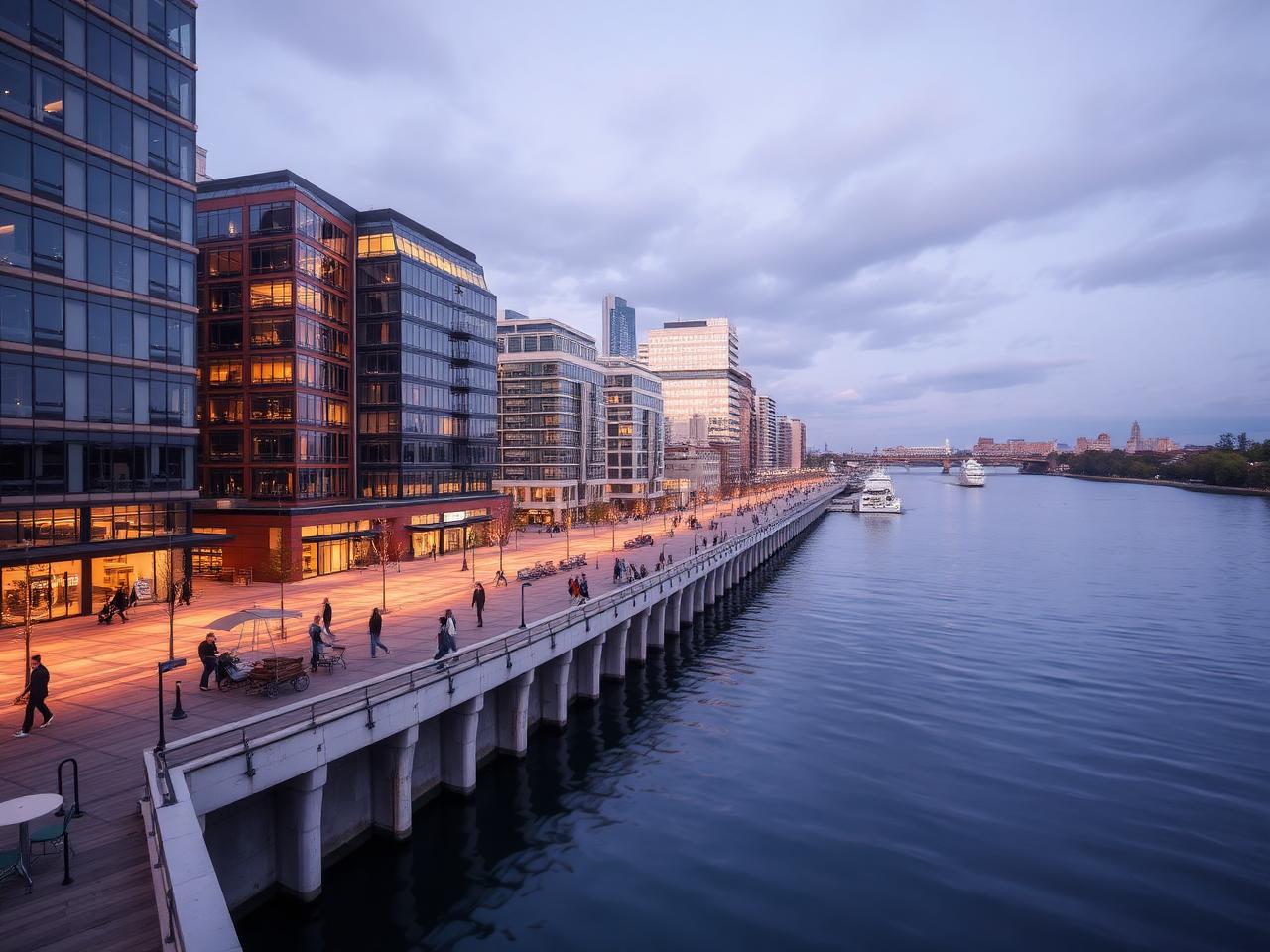 Cityscape with modern buildings along a waterfront at dusk.