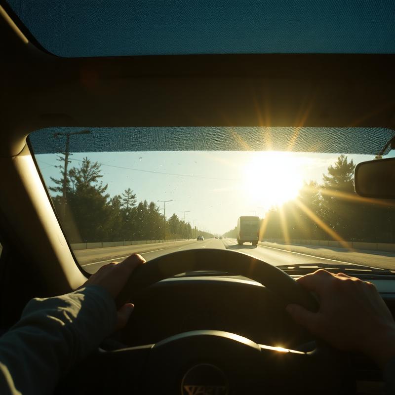 Blinding sun glare reflecting through an untinted car windshield during daytime driving.