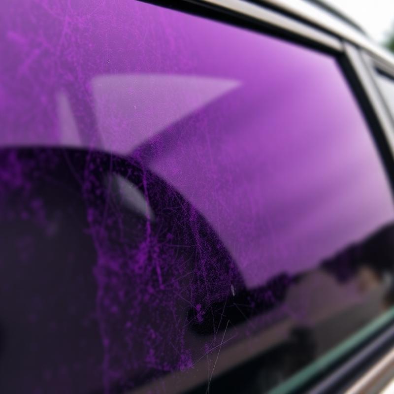 Cheap automotive window tint film turning purple and blistering with bubbles on a rear windshield.
