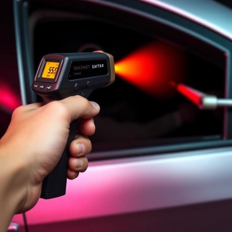 Infrared thermometer being used to measure temperature on a car