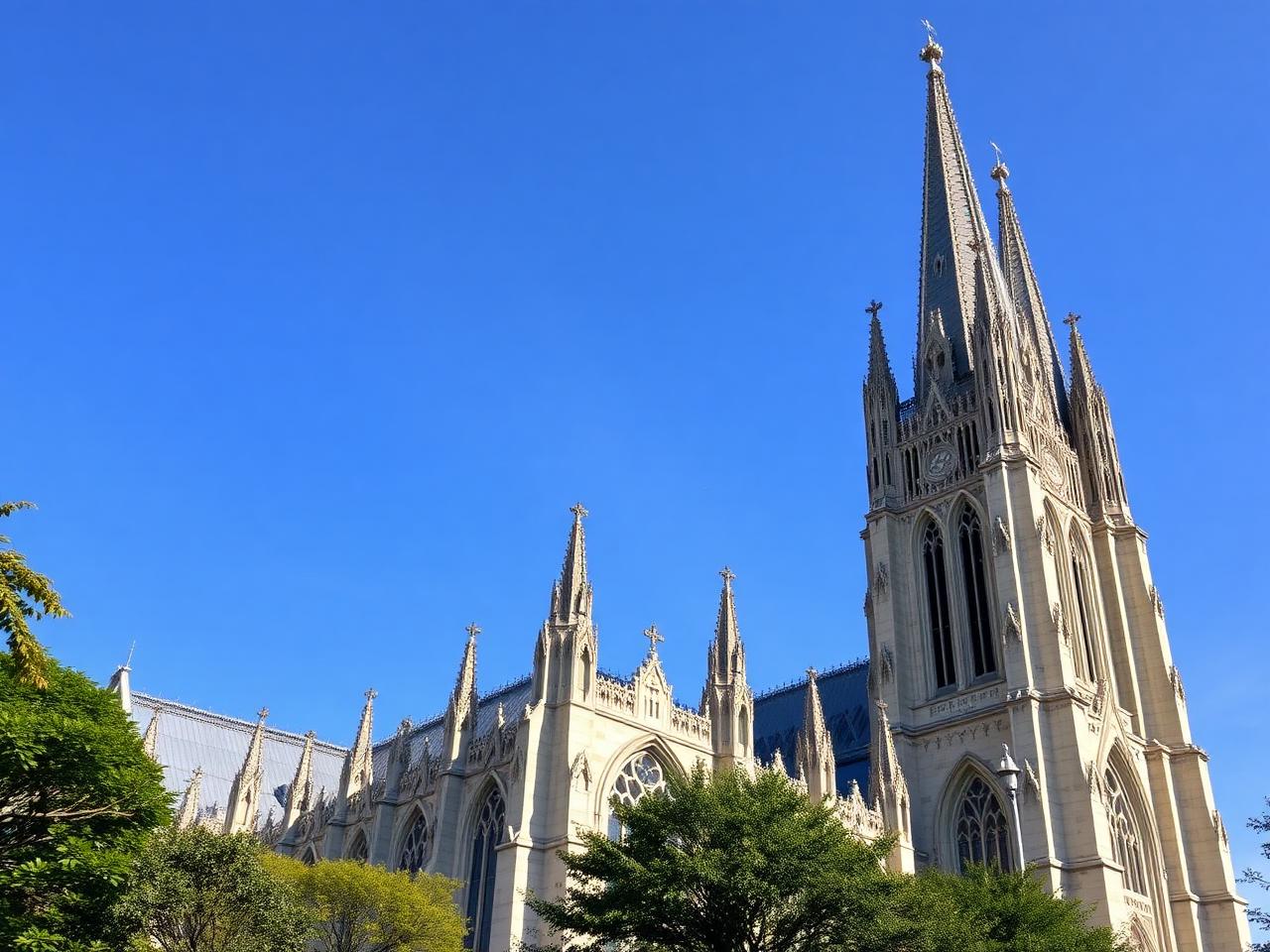 Gothic cathedral with tall spires against a clear blue sky
