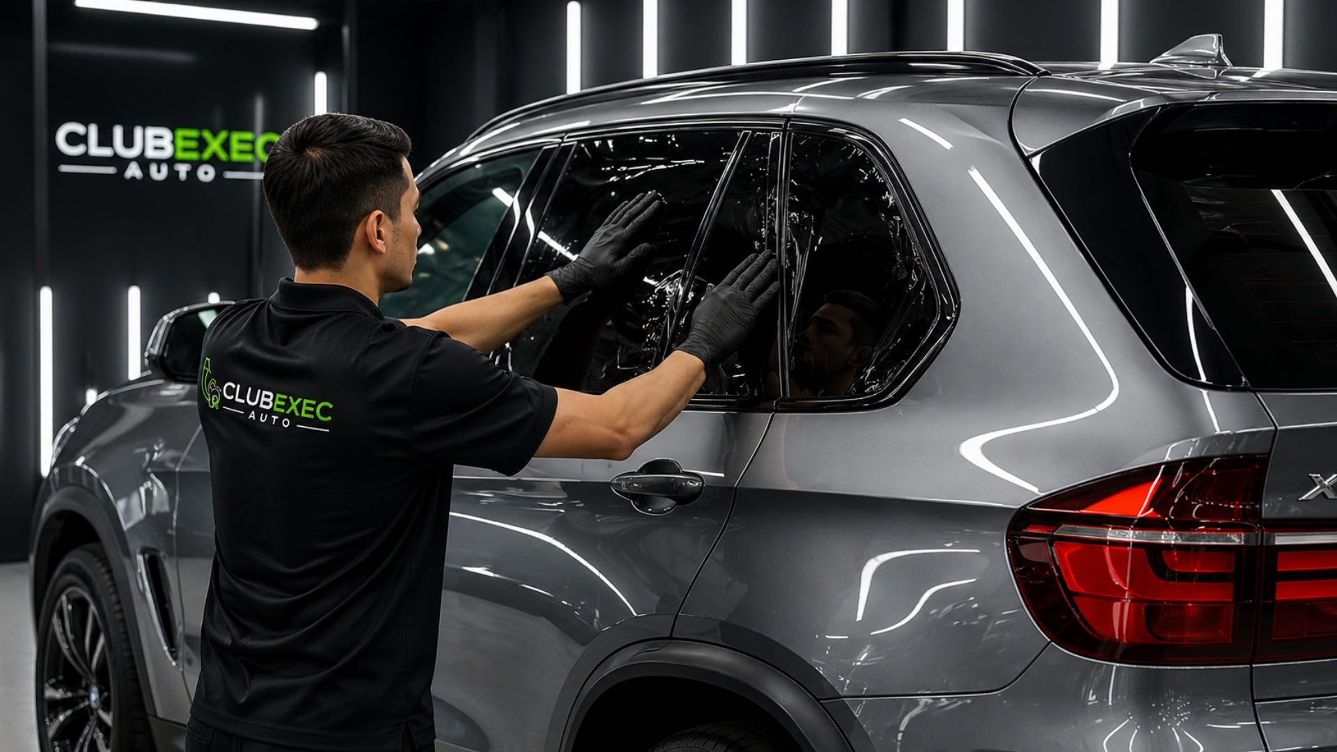 Person cleaning a car window with CLUBEXEC logo in the background